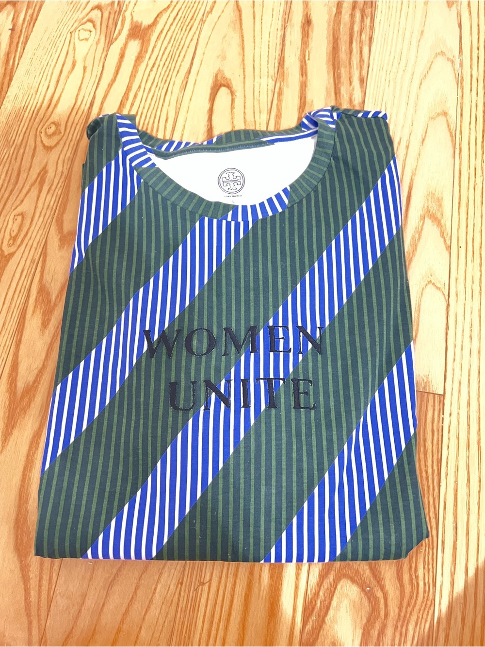 NWOT TORY BURCH Striped "Women Unite" Tee - Blue & Olive Green Size L
